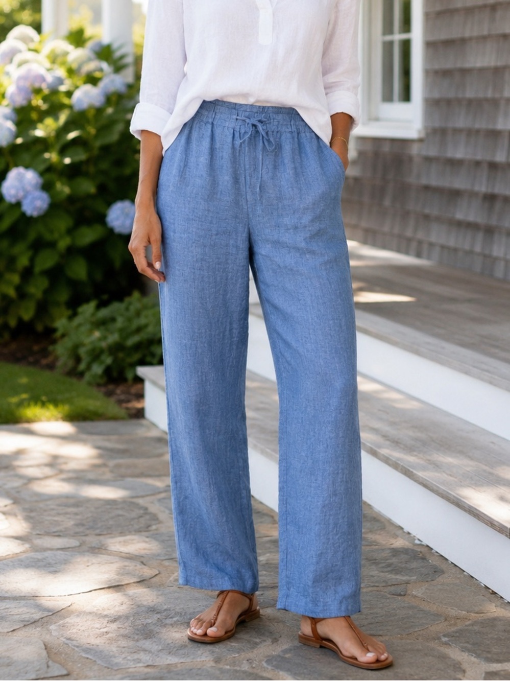 Charter Club 100% Linen Pull On Wide Leg Pants Blue Large